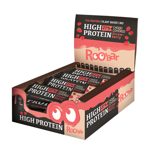 BIO kõrge valgusisaldusega roosa šokolaadiga kaetud batoon maasikatega